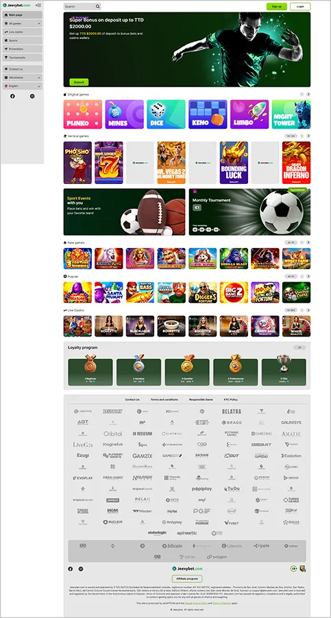 Compact overview of the main sections of JeevyBet Casino