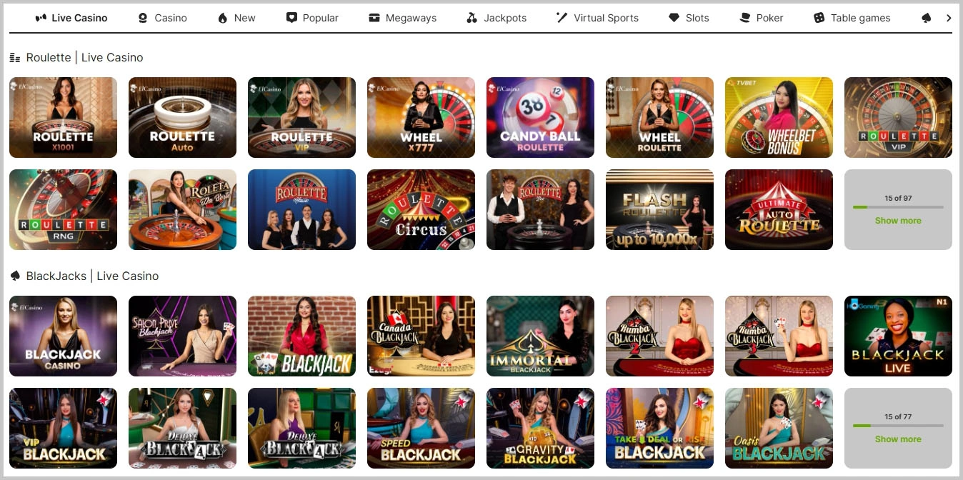 All live tables at JeevyBet Casinoat a glance