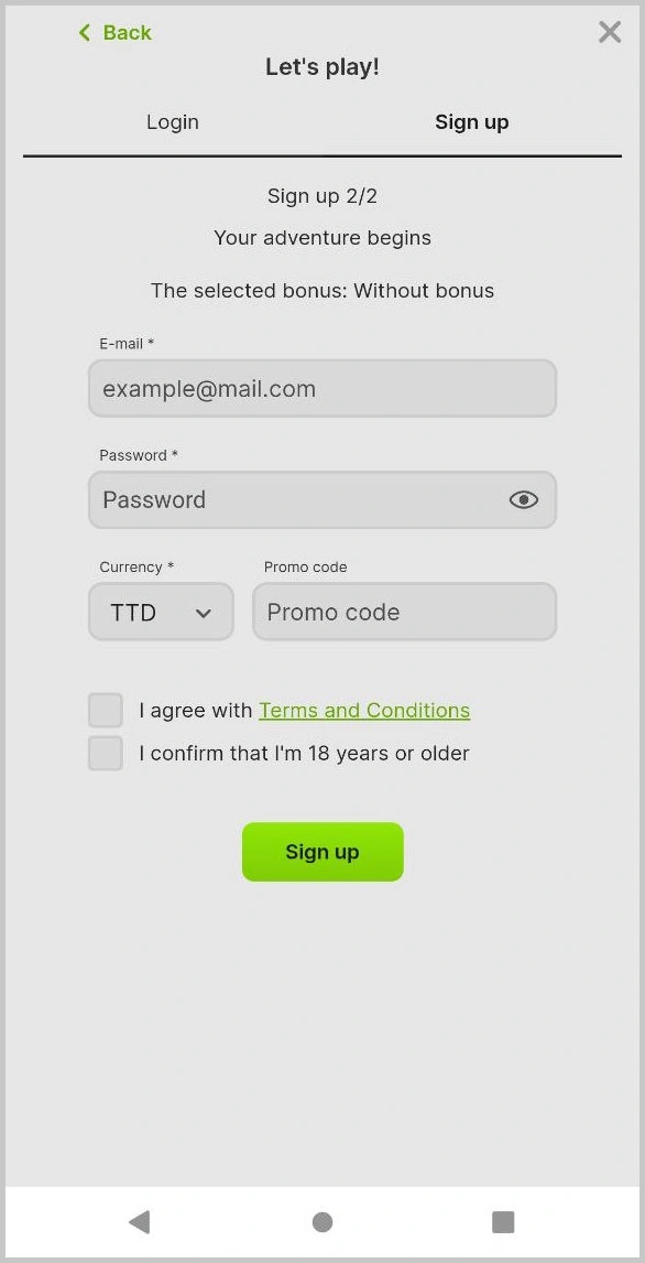 Easy and fast registration at JeevyBet Casino